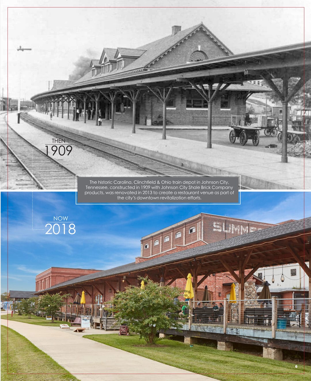 General Shale Booklet - Then and now page showing the historic train depot in Johnson City, Tennessee