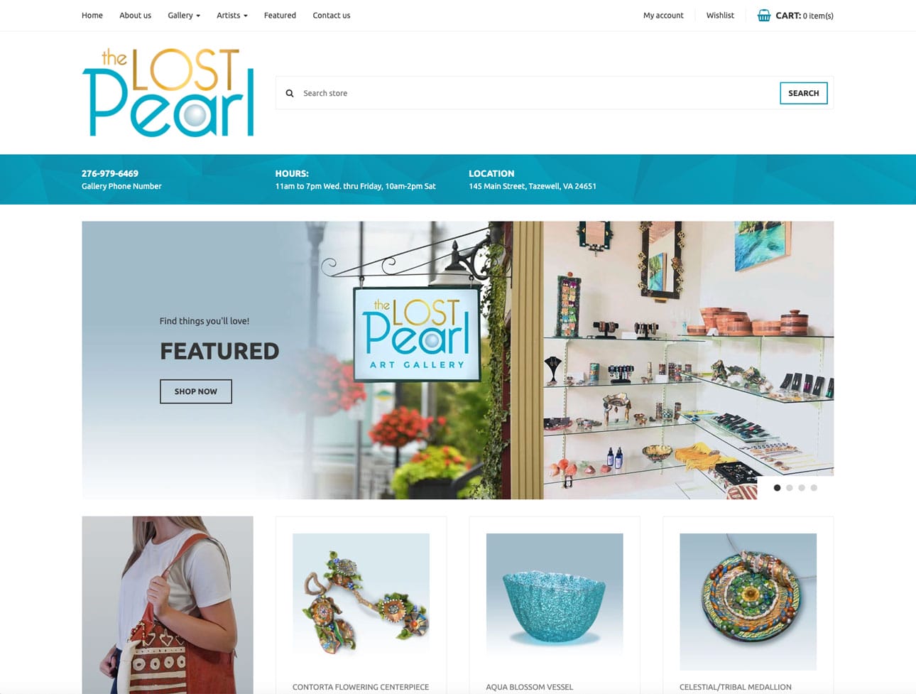 The Lost Pearl Art Gallery Website homepage