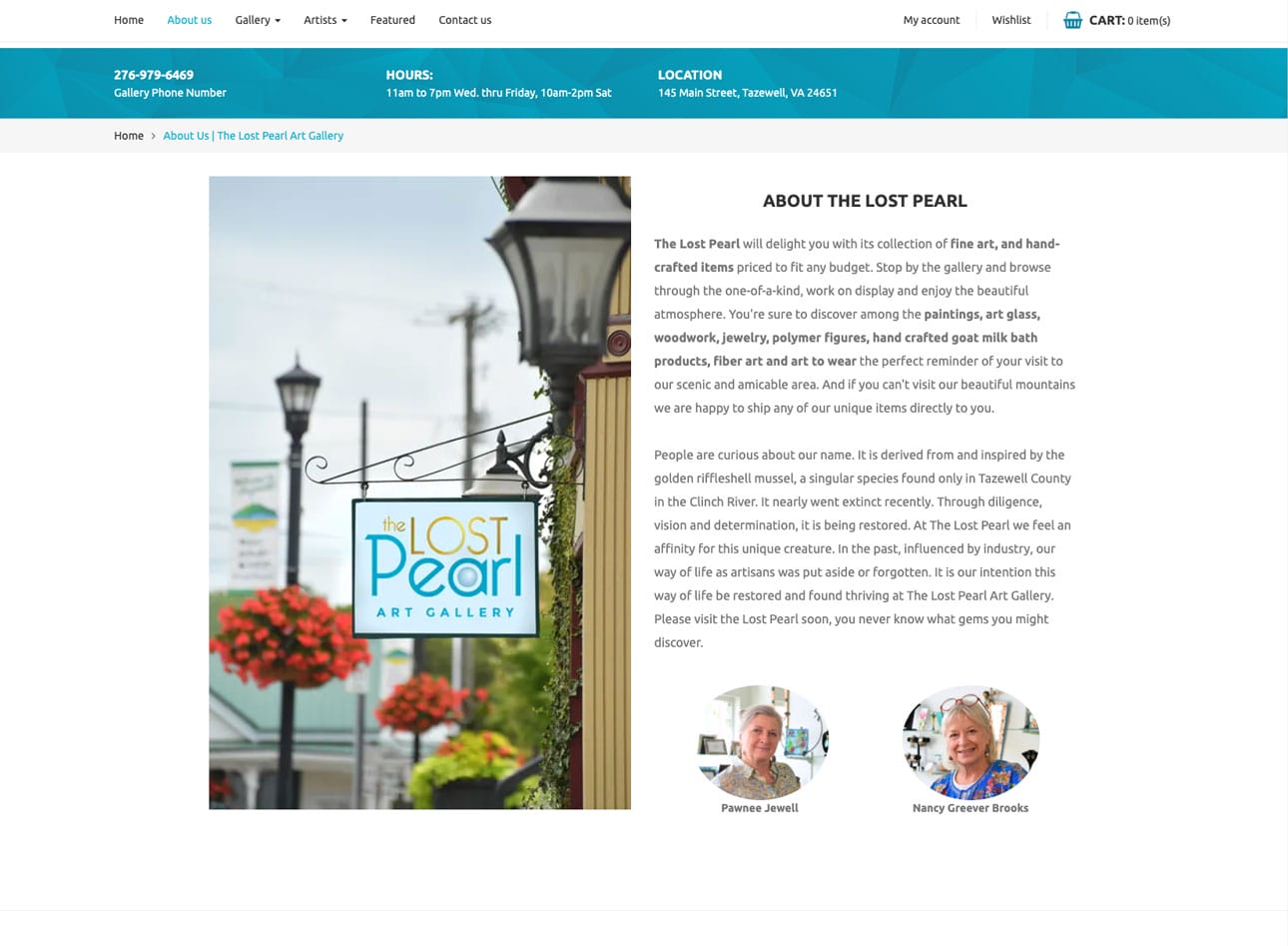 The Lost Pearl Art Gallery Website About us page