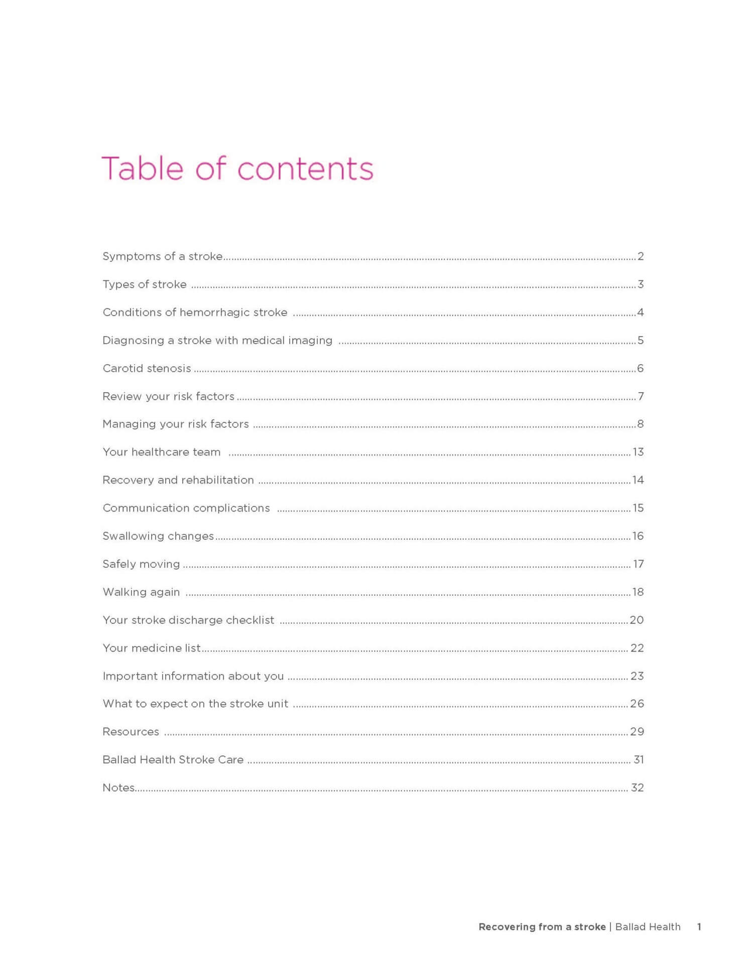 Stroke booklet - table of contents
