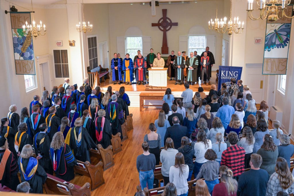 Faculty, staff, and students of King University gather in Memorial Chapel for the annual Honors Convocation on Monday, April 18. (Photo by Earl Neikirk)